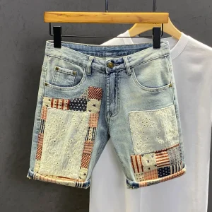street luxury fashion designer clothes washed cargo men's brand summer splicing korean denim shorts designer embroidery jeans