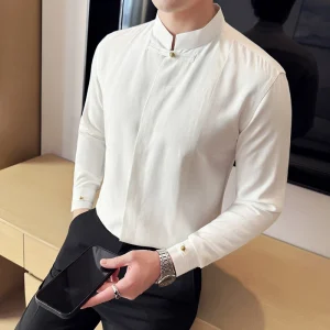 vintage long sleeve shirt clothes man luxury cotton breathable stand collar men shirts buttons slim mens dress shirt streetwear